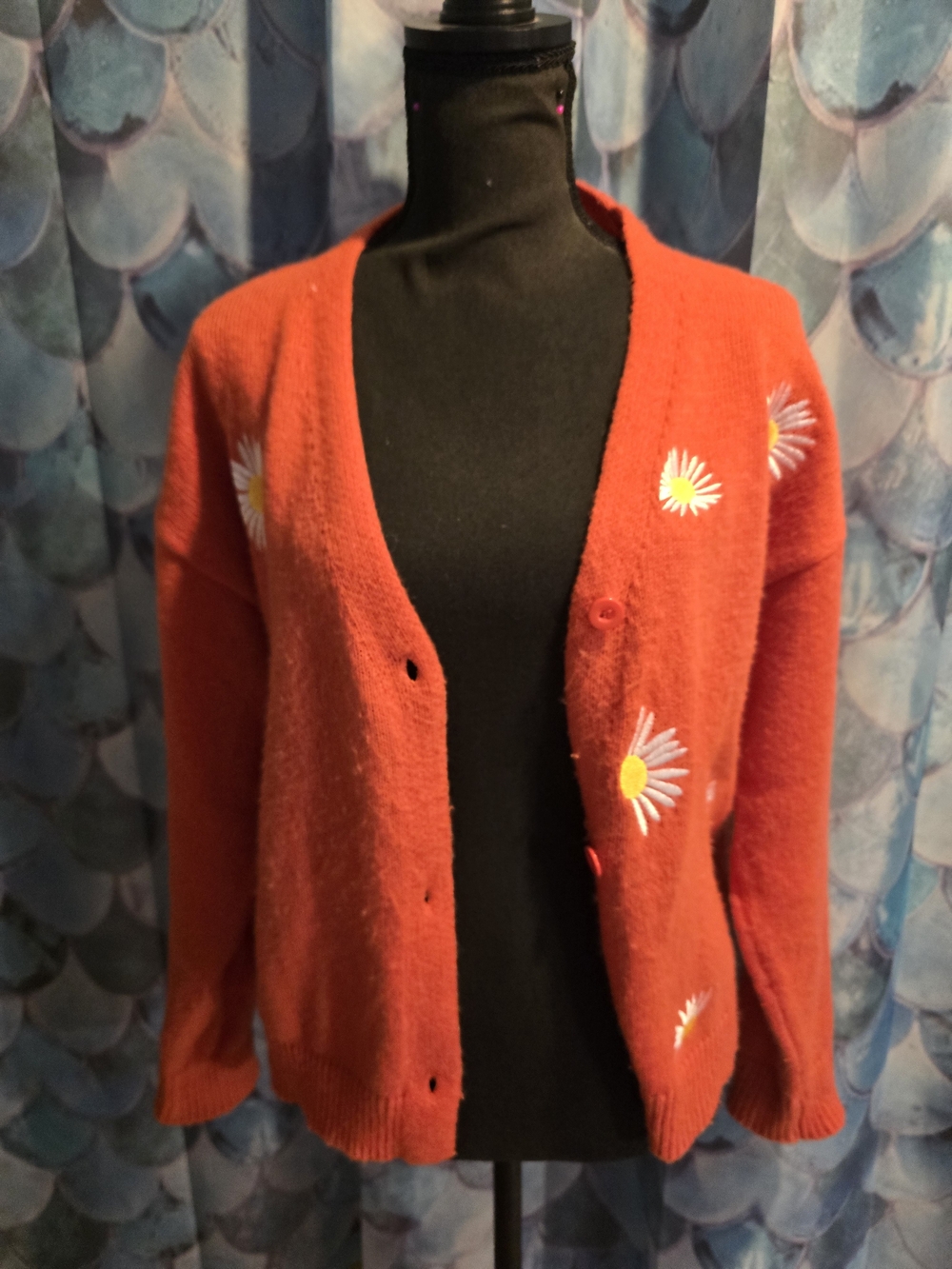 Red Daisy Embroidered V-Neck Cardigan Sweater